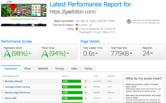 Exemple de rapport de performance GTmetrix