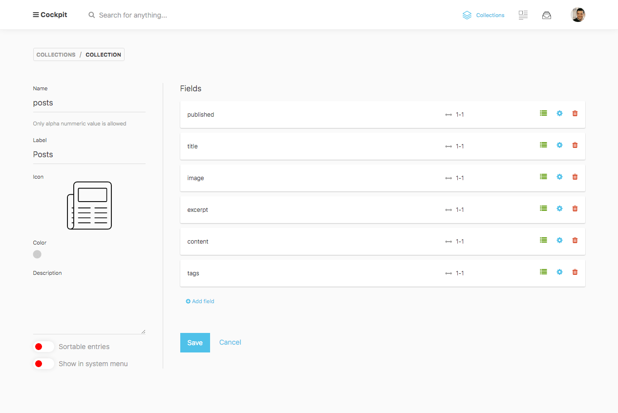 Interface utilisateur du CMS headless Cockpit
