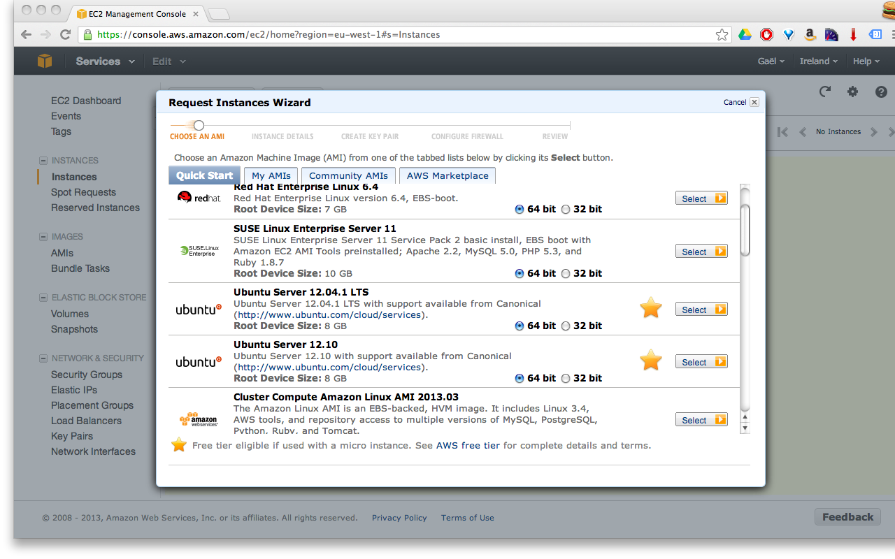 Aws ec2 console choose ami quick start