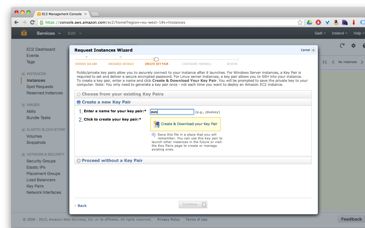 Aws ec2 console create a new key pair