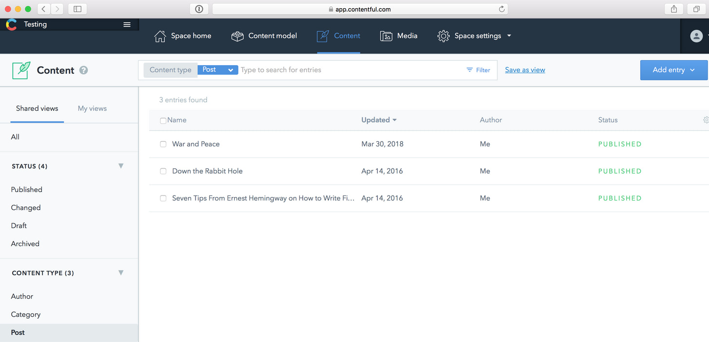 Interface utilisateur du CMS headless Contentful